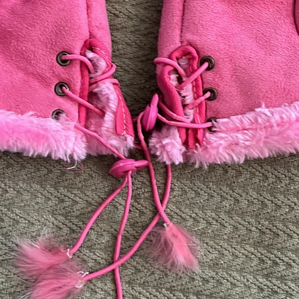 Pink Faux Fur Fingerless Lace Up Gloves